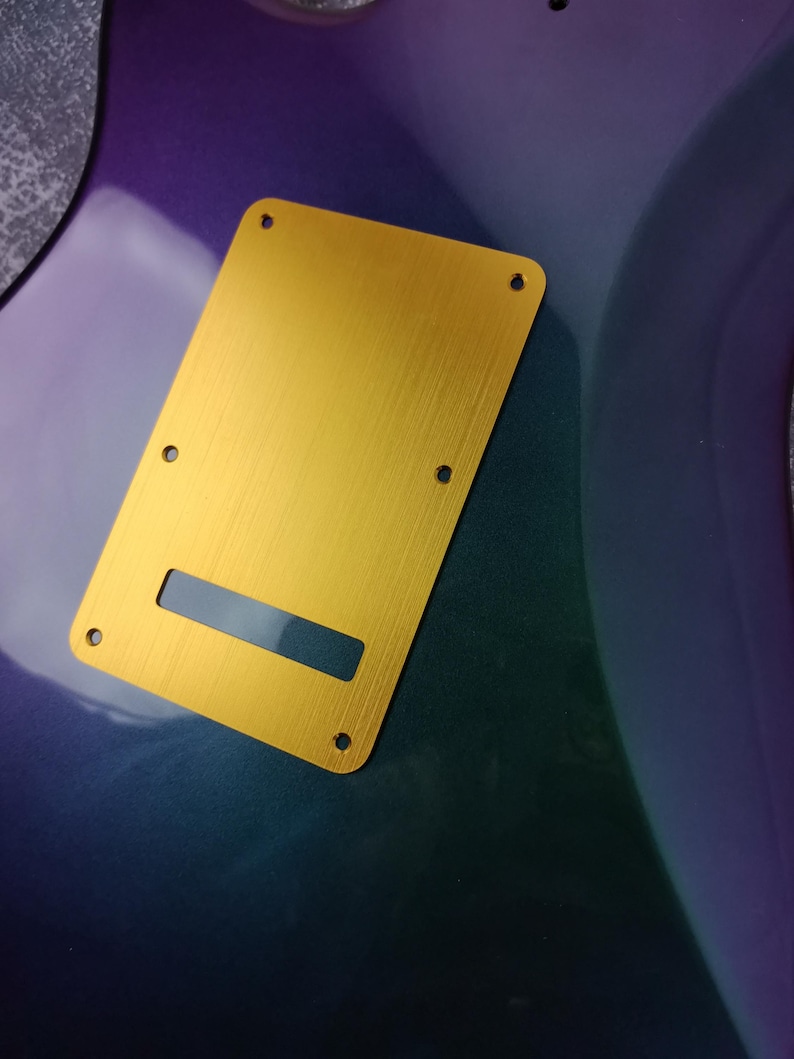 May include: A gold metal guitar back plate with a brushed finish and eight screw holes.
