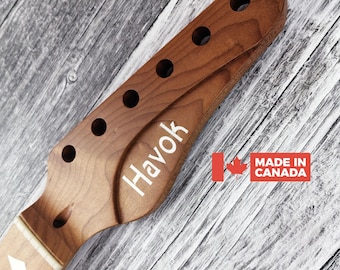 Mástil de guitarra de arce tostado satinado con logotipo Havok, trastes Jescar de acero inoxidable, pieza de guitarra de alta gama personalizada.