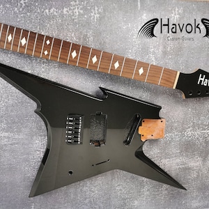 HAVOK Parabellum Guitar Kit, Stainless Steel Frets Flame Maple Neck, Spoke Wheel, Mahogany Body, Guitar Building DIY Metallic Black