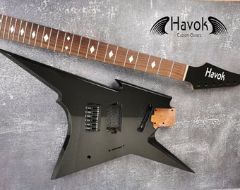 HAVOK Parabellum Guitar Kit, Stainless Steel Frets Flame Maple Neck, Spoke Wheel, Mahogany Body, Guitar Building DIY Metallic Black