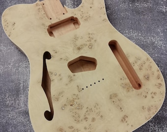 Mahogany Burl Top Veneer Black Binding F hole t-Type Guitar Body, Unfinished
