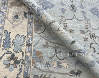 Hand-Knotted Wool Oushak Rug: Powder Blue, Modern Design