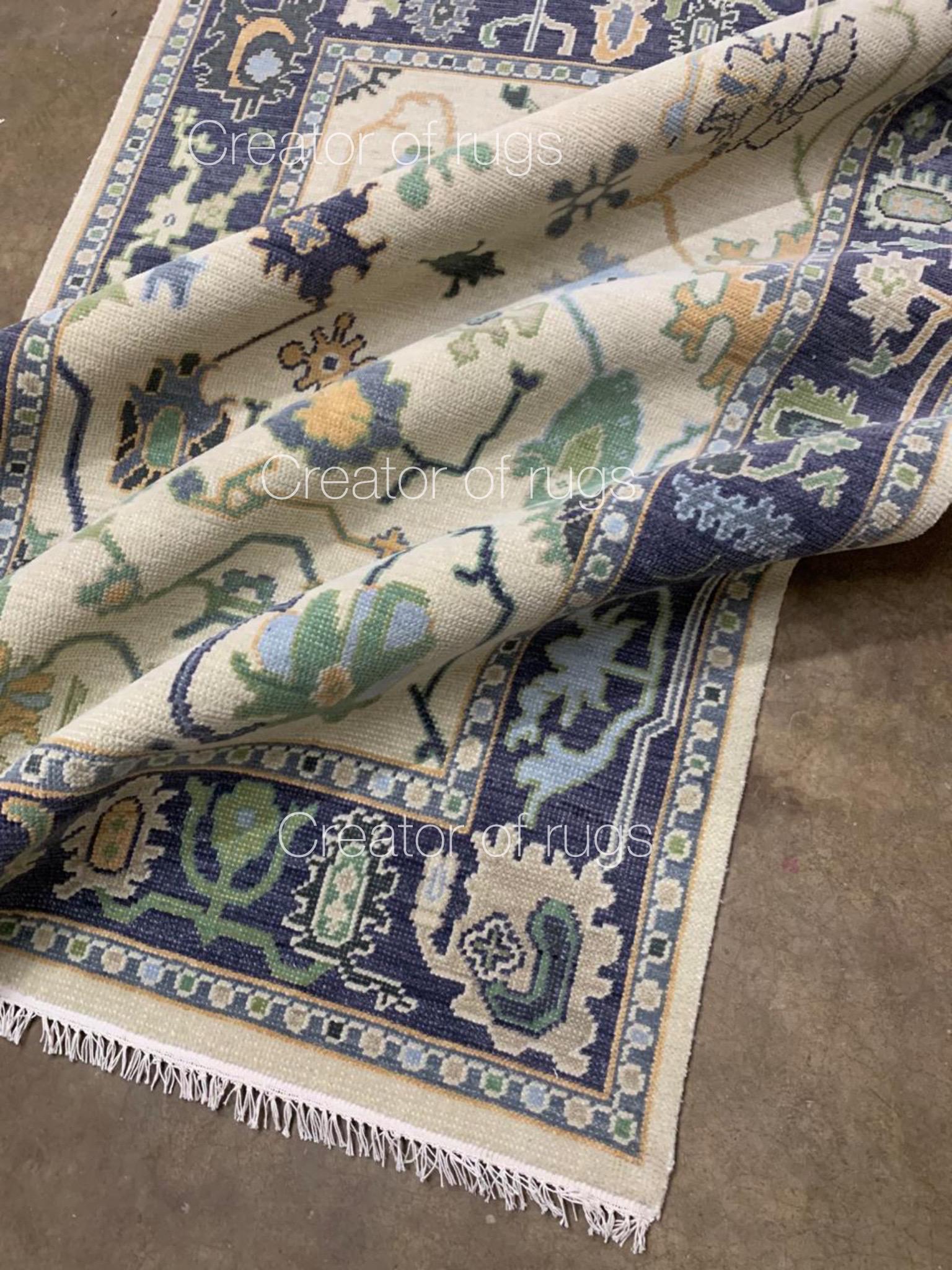 10x12 Modern Oushak, 8x10 Light Green oushak, Light Green and cream Oushak, Handmade Wool Rug, Navy Oushak Rug, oushak rug,