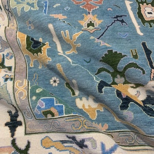 Hand-Knotted Wool Oushak Rug: Yellow, Blue, Coral Vintage Persian Style
