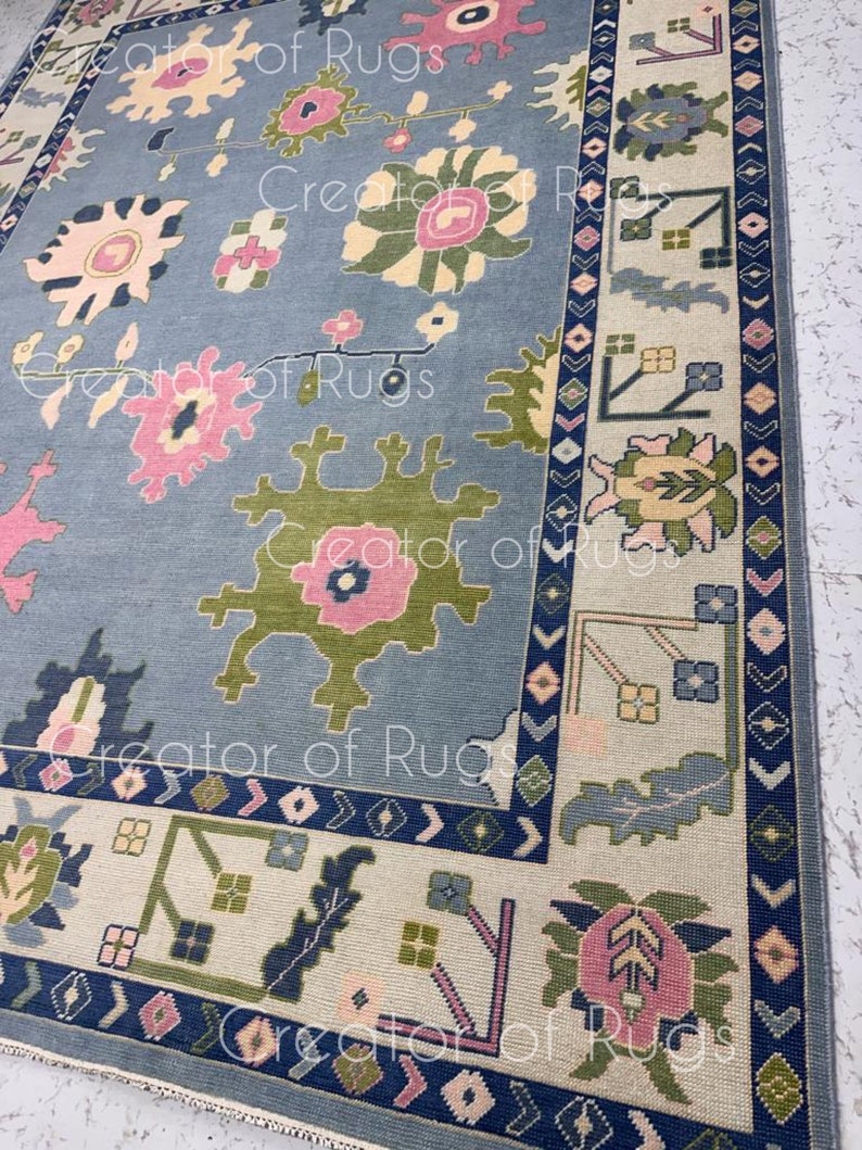 10x12 Blue Oushak Area Rug, 10x14 Pink Oushak Rug, Handmade Wool Rug