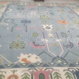 Cream Oushak Rug 9x12, Soft Greens Blues Wool Rug Muted Decor, Neutral Area Rug, Transitional Oriental Rug 8x10 Nursery