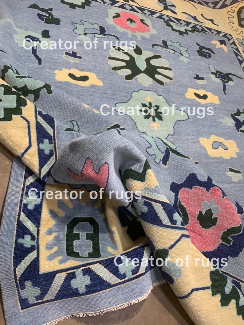 8x10 Blue Oushak Area Rug, 9x12 Pink Oushak Rug, Handmade Wool Rug