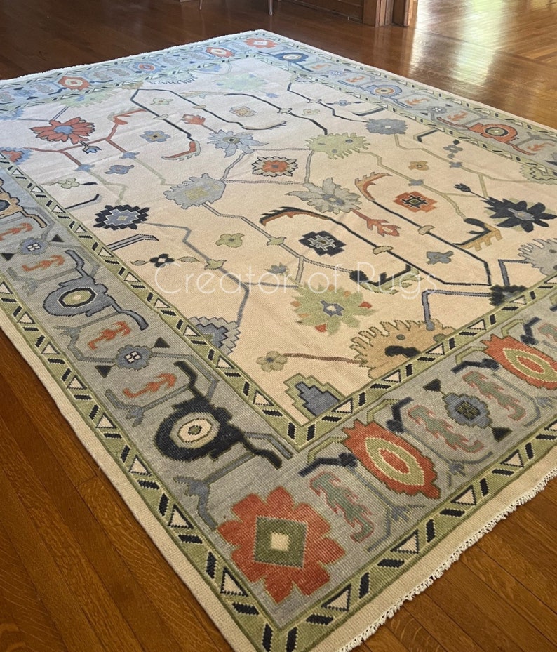 10x14 Blue Turkish Oushak Area Rug Green Oushak Rug Handmade Etsy