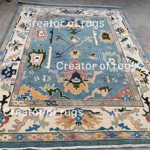 Hand-Knotted Oushak Rug: Yellow, Blue & Coral Vintage Persian Rug