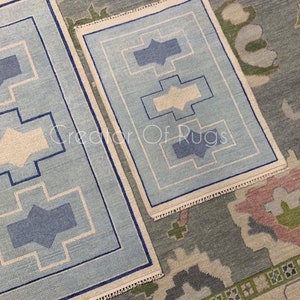 Alfombra Oushak de lana anudada a mano: estilo vintage azul y coral (12,7 x 20,3 cm)