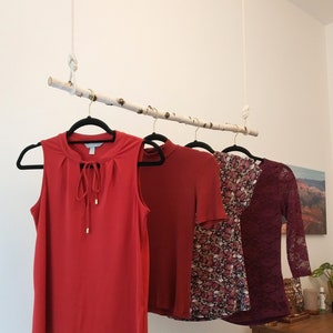 Clothes rail made of birch wood, vintage, wardrobe, ceiling attachment with ropes and hooks, hanging wardrobe, natural wood