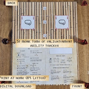 May include: A printable Dungeons and Dragons character sheet for a monk class. The sheet is designed to track the character's abilities, including Ki points, martial arts, and other active abilities. The sheet is printed on a brown background with a bamboo pattern.