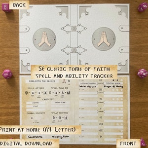 May include: A printable Dungeons and Dragons character sheet for a cleric, featuring a beige background with a brown border. The sheet includes sections for spell attack, spell save DC, cantrips, spells prepared, and ability tracker. The title is "SE Cleric Tome of Faith Spell and Ability Tracker".
