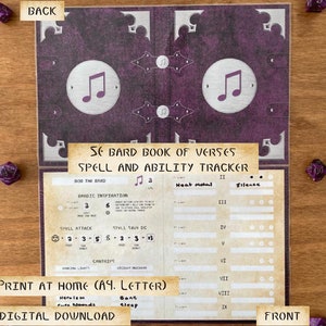 May include: A purple and cream-colored, open book with musical note icons. The book is a spell and ability tracker for a bard character in a tabletop role-playing game. Text includes "Print at Home" and "Digital Download."