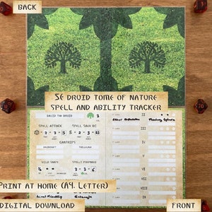 May include: A printable character sheet for a druid in a Dungeons and Dragons game. The sheet is designed to look like a leather-bound tome with a green background and a tree motif. The sheet includes sections for spell attack, spell save DC, cantrips, wild shape, spells prepared, and ability tracker. The text on the sheet reads "SE Druid Tome of Nature Spell and Ability Tracker".