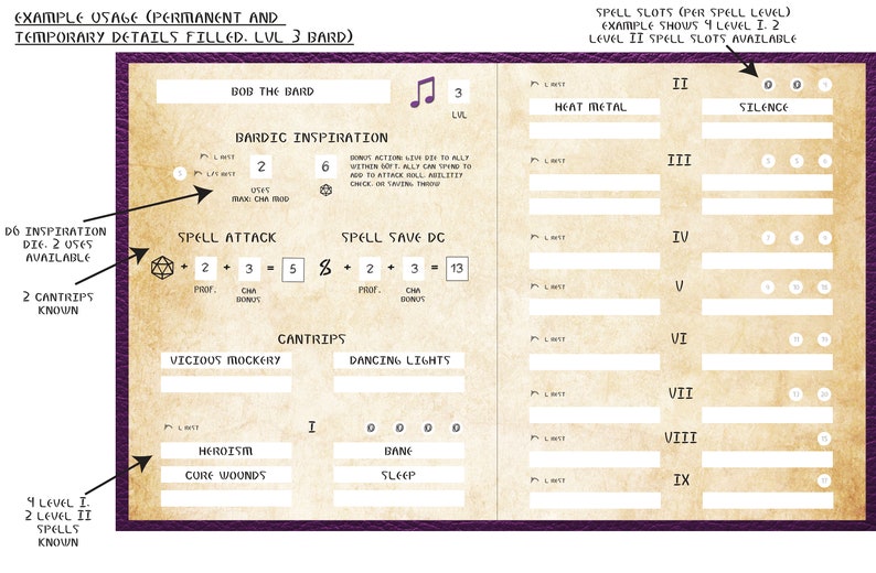 Dnd 5E Bard Spell and Ability Tracker Book of Verses Print at Home ...