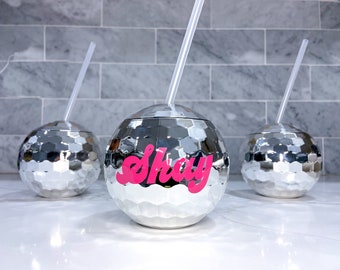 Personalized Disco Ball Cups Last Disco Custom Bachelorette Party Favors with Straw and Lid