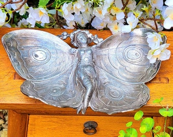Art Nouveau Cast Bronze Antique Butterfly & Lady large trinket tray Jewellery Tray