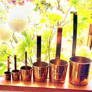Complete Chef&#39;s Set 5 Vintage English brass Measures with Hanging Handles-Vintage brass Measuring Cups -Vintage Kitchenalia- brass Measures