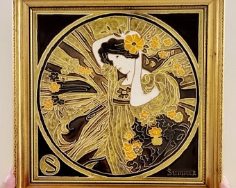 Stunning Vintage Art Nouveau Tiled Tubelined Ceramic Maw & CO Glamorous Standing Lady Collectable Piece Flora Glossary Signed Picture VGC