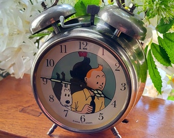 Vintage TinTin Retro Alarm Bells Bed side Clock Wind Up Avronel Made In Germany Herge TL