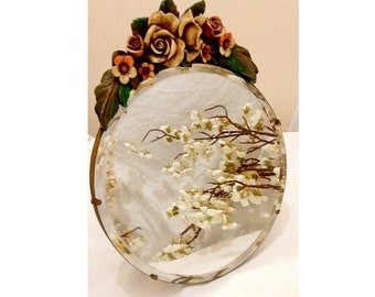 Vintage 1930s Large Bevelled Dressing Table Mirror, Gesso Flowers, Roses, Bluebells, Bouquet, Posy Roses French Floral Hand Painted