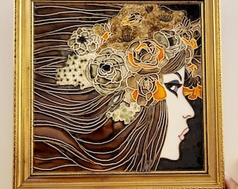 Stunning Vintage Art Nouveau Tiled Tubelined Ceramic Maw & CO Glamorous Lady Highly Collectable Piece Flora Glossary Fabulous Picture VGC