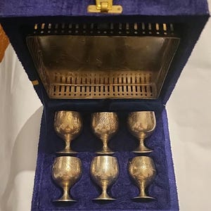Set of 6 Vintage Miniature Silver-Plated Brandy Goblets with Tray & Original Box