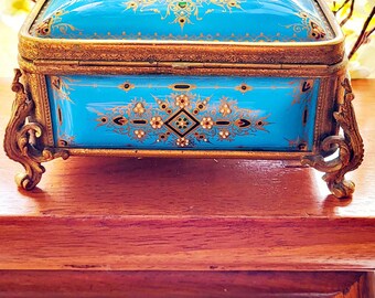 Antique French Kiln-Fired Enamel Blue Jeweled Casket Box Rare Larger Jewelry Box In Bressan Enamels And Golden Brass. Napoleon III Period