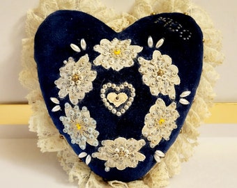 19th Century Sweetheart beadwork Pin Cushion, Needlework Glass Beaded Pearl Crafting Cushion