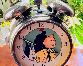 Vintage TinTin Retro Alarm Clock Bed side Table Wind Up Clock Avronel Working Made In Germany Herge TL