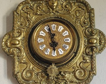 French Farcot Brass Repousse Vintage Gilted Enamel Parisian Wall Renaissance Clock circa 1880