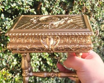 19th C French Gilt Cast Copper Padded Jewellery Box Baroque Gilt Bronze Renaissance Large Vintage Ornate Erhard Brass Ormolu Casket cig box
