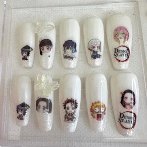 Demon Slayer character inspired design Stick on Press on Handcrafted Nails Kawaii Anime Manga Nezuko Tanjiro Inosuke