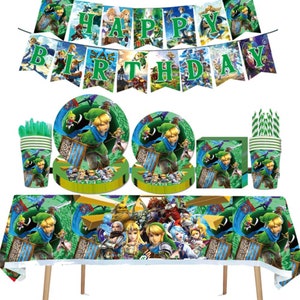 May include: A green and gold themed party supplies set featuring a tablecloth, paper plates, cups, and straws with a cartoon image of Link from the Legend of Zelda video game series. The banner reads "Happy Birthday".