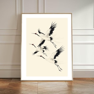 Japanese Flying Cranes Print: Heron Neutral Wall Art
