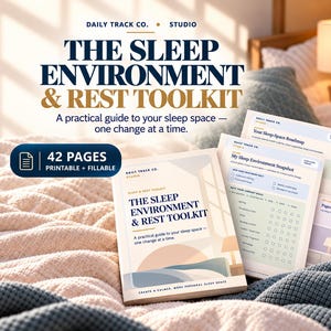 May include: A 42-page printable and fillable digital toolkit titled The Sleep Environment & Rest Toolkit by Daily Track Co. Studio. The document includes a sleep-space roadmap, environment snapshot, and rating charts for assessing bedroom comfort.