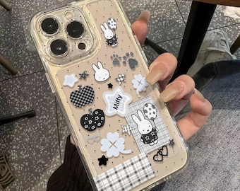 Funda transparente para iPhone Miffy en blanco y negro, con diseño de conejita kawaii, un bonito regalo monocromático para ella.