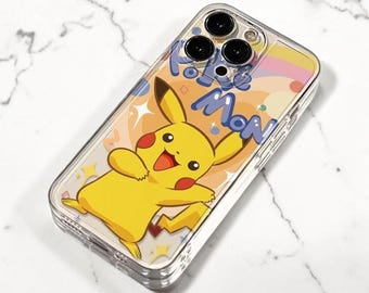 Kawaii geel elektrisch monster duidelijk telefoonhoesje schattig anime-stijl iPhone 11 12 13 14 15 16 17 Pro Max Samsung s23 s24 s25 esthetiek Y2K cadeau