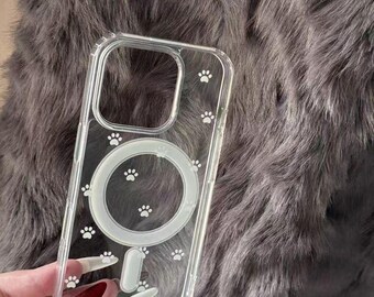 Étui transparent pour iPhone avec empreinte de patte avec MagSafe | Housse transparente pour téléphone, pattes de chien, chat Kawaii | Étui transparent mignon | iPhone 15 14 13 12 Pro Max Plus