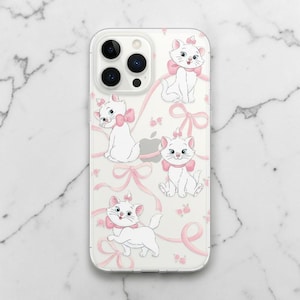 May include: A clear phone case featuring a repeating pattern of Marie the white kitten from The Aristocats. The design includes multiple illustrations of the kitten with pink bows and long, flowing pink ribbons scattered across the transparent surface.