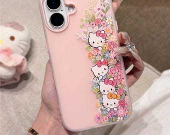 Bonita funda floral de Hello Kitty para iPhone: funda de silicona suave rosa a prueba de golpes para