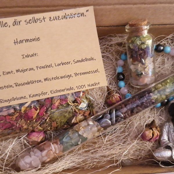 Geschenkbox "Lebensfreude"  mit Energiestab, Glücksbringer, Räucherwerk "Harmonie"  Edelsteinarmband  & Buddha