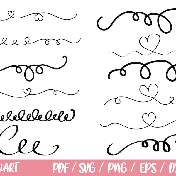 Doodle svg Bundle, svg dessiné à la main, éléments de conception, diviseur de texte svg clipart Border svg, Heart Doodle Lines SVG Cut Files, sauts de ligne svg