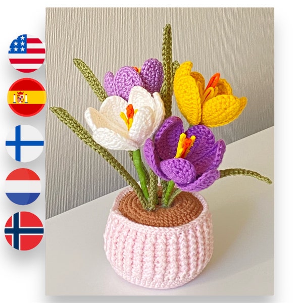 Crocus crochet Pattern, Crocus flower pdf, Crochet flower pattern in English, Spanish, Finnish,  Dutch, Norwegian