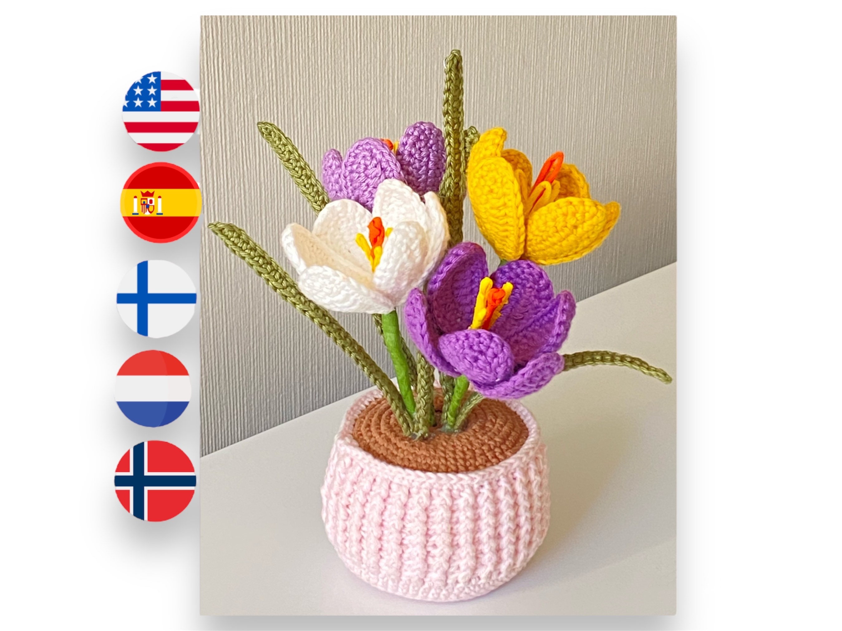 Krokus Häkelanleitung, Krokus Blume pdf, Häkelblumenmuster in Englisch, Spanisch, Finnisch, Niederländisch, Norwegisch