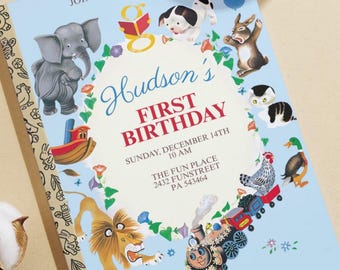 Editable Little Golden Book Invitation Blue | Storybook Birthday | Canva Template | Instant Download | Printable Invite