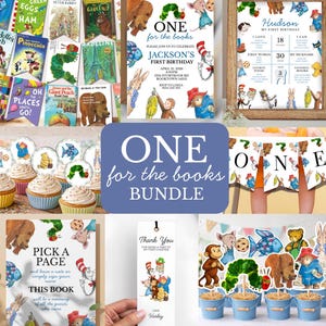 Peut inclure: Une collection de livres pour enfants, d'invitations de fête, de décorations de cupcakes et de décorations sur le thème "One for the books". Les articles présentent des illustrations de personnages de livres de contes classiques et le texte "One for the books".