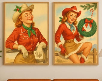 Vintage Cowgirl Christmas Art Print Set | Retro Holiday Decor (Digital Download)