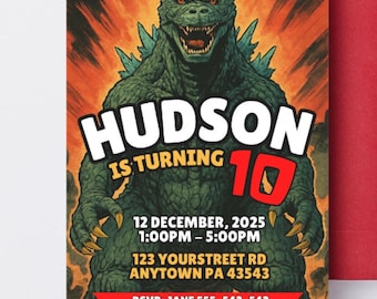 Godzilla Geburtstagseinladung Vorlage: Retro Comic Style (Digitaler Download)